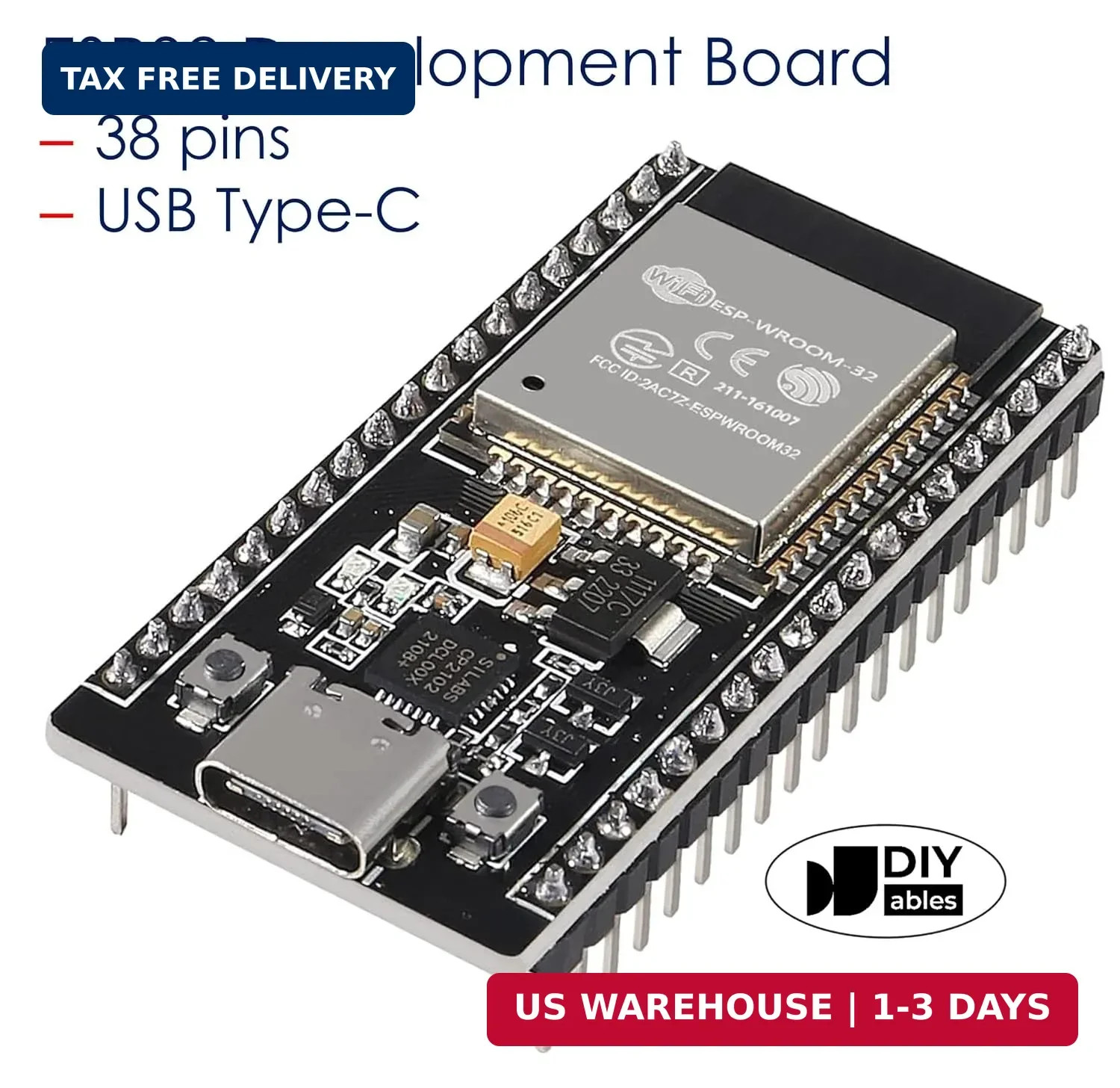 ESP32 ESP-WROOM-32 Wifi and Bluetooth Development Board, 38-Pin, with USB Type-C
