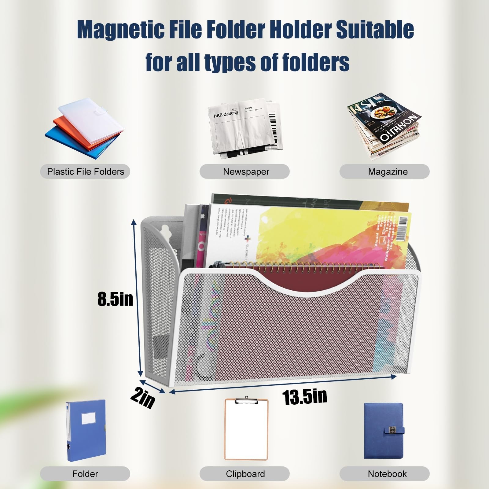 LQPAFZ 6PCS Magnetic File Holder White Metal Wire Mesh 13.5 x 2 x 8.5 inches