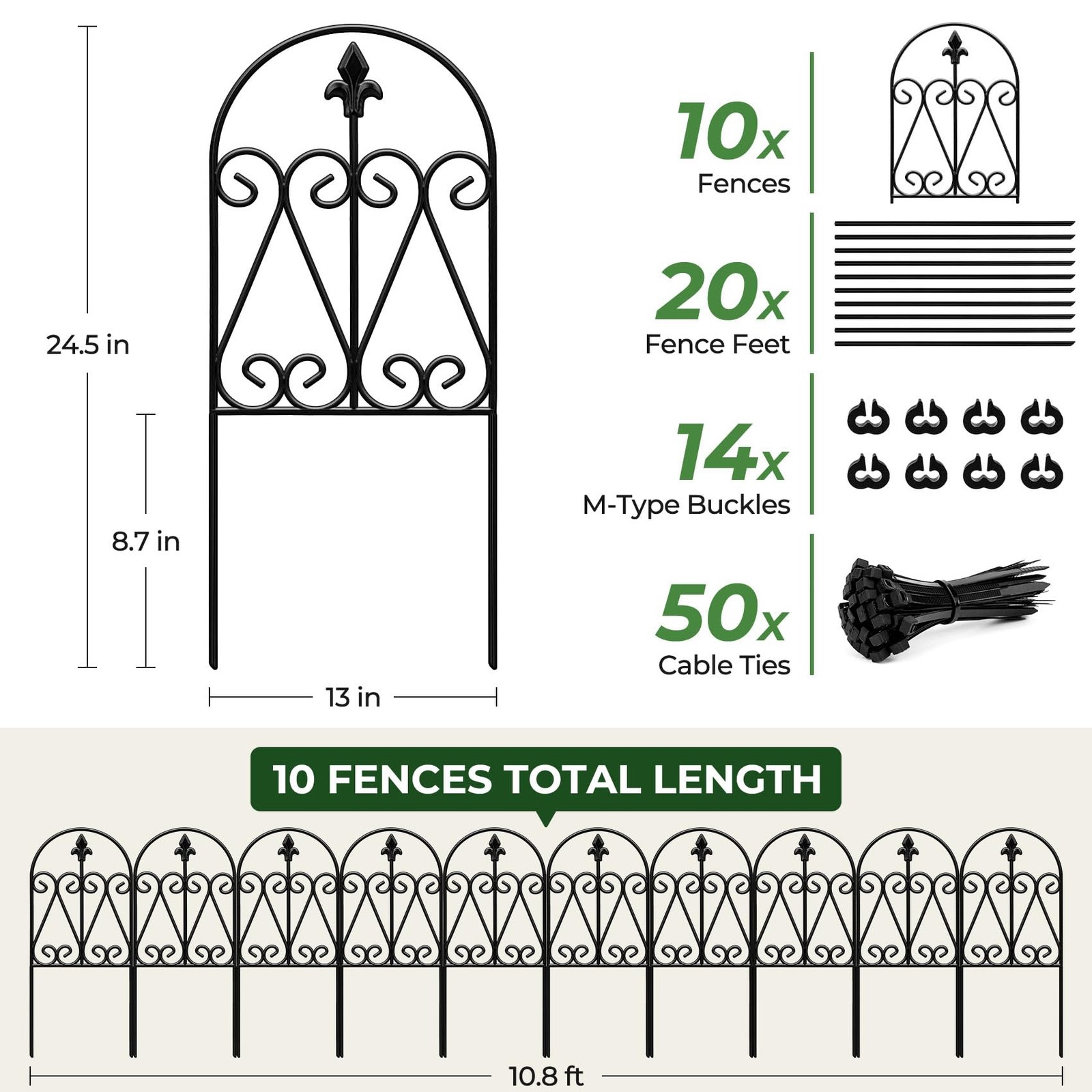 HIHADUUM 24.5in (H) x 10.8ft(L) Decorative Garden Fence, 10 Pack Heavy Black