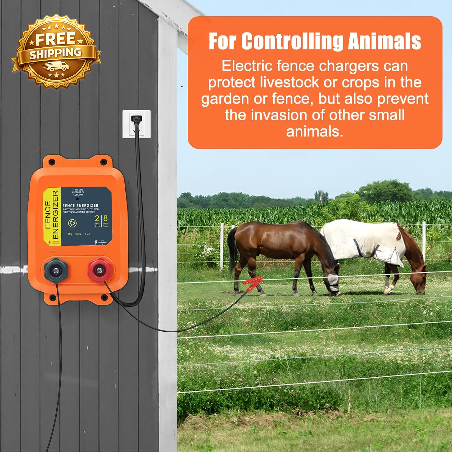 Electric Fence Charger PE2 0.10 Joule 2-Mile/ 8 Acres Plug in Electric Fence Cha