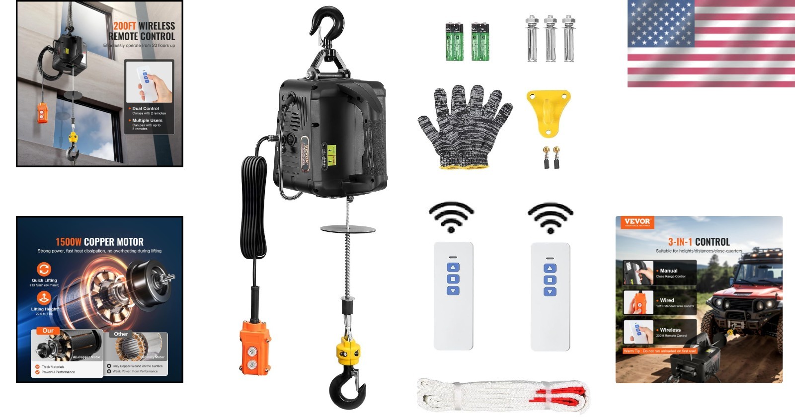 1500W 3-in-1 Electric Hoist Winch – 1100 lbs Capacity, Wireless & Wired Remote