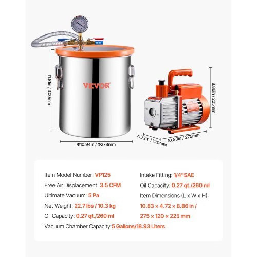 5 Gallon Vacuum Chamber and 3.5 CFM Pump Kit, Stainless Steel Chamber, Single St