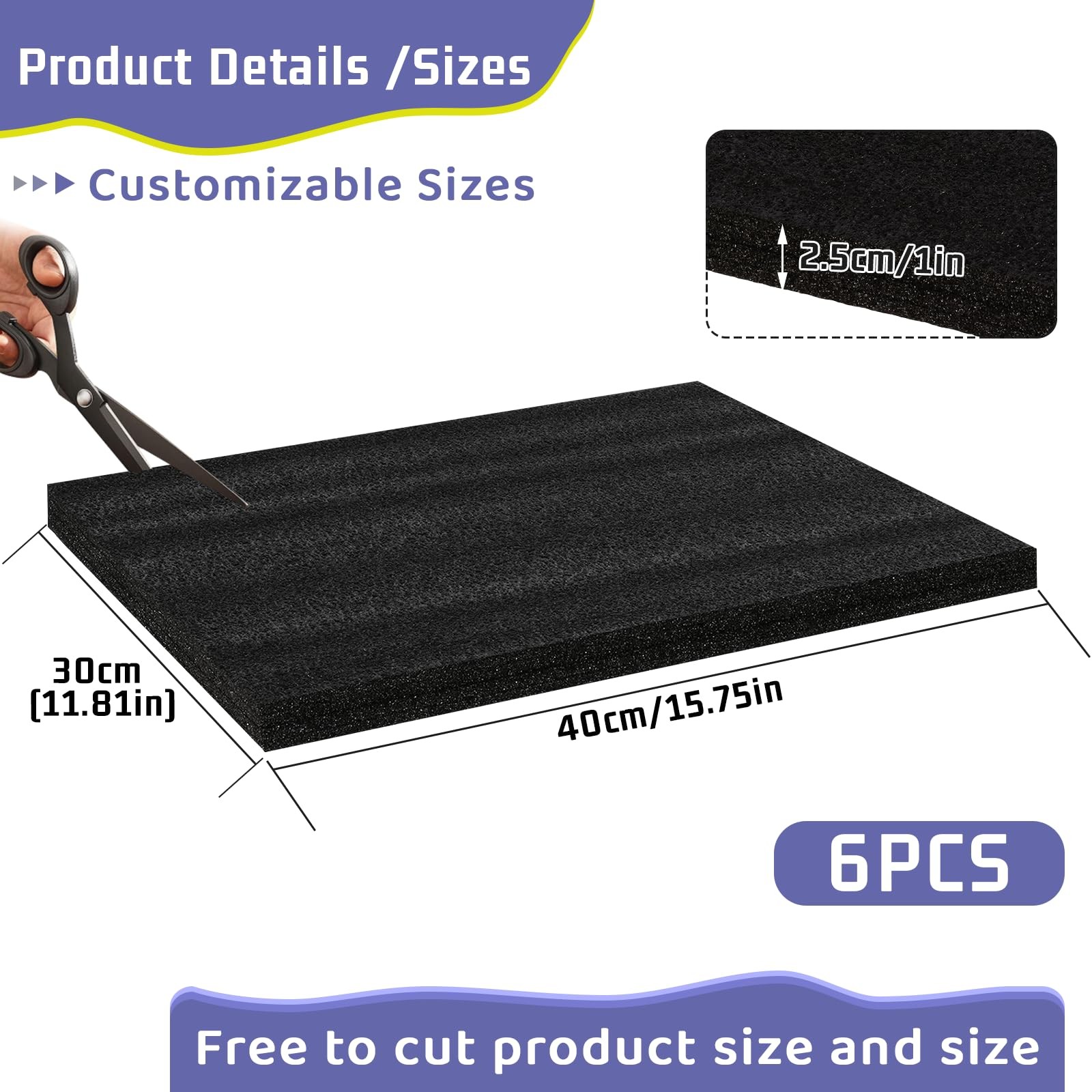 6 PCS 16x12x1 Inch Polyurethane Foam Inserts Black Craft Packing Case Sheets