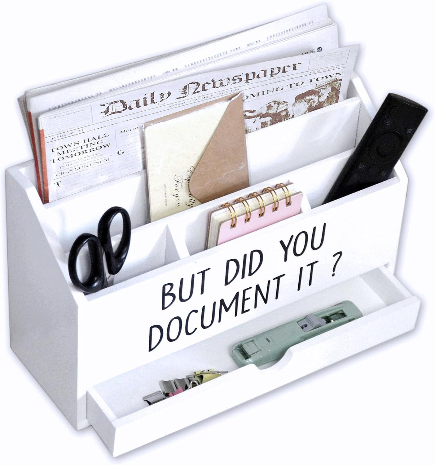 Wooden White Rustic Countertop Mail Storage Holder with Drawer and Compartments