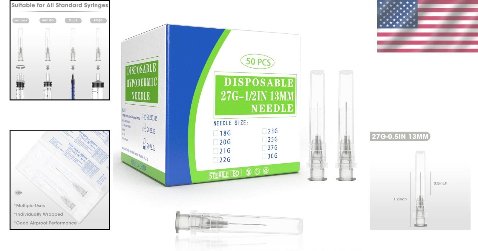 27 Gauge 1/2 Inch Disposable Needles with Caps – Luer Lock Lab Dispensing Access