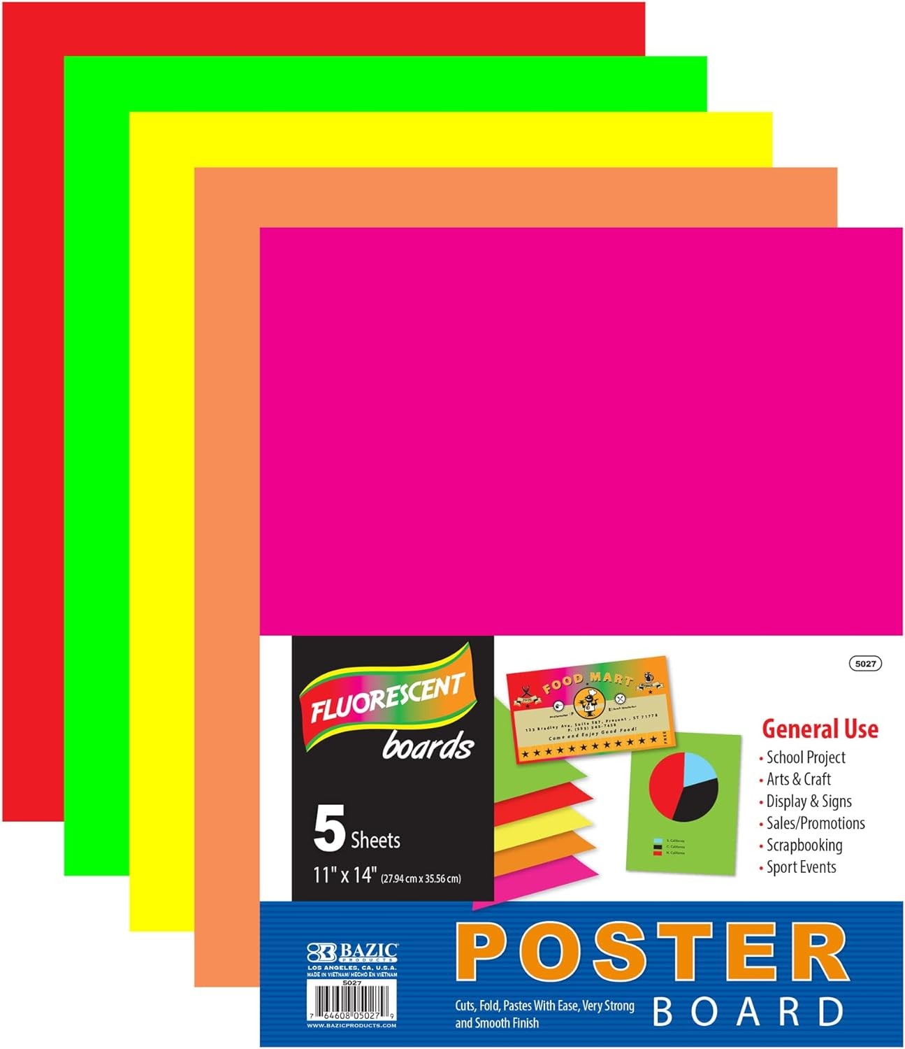 BAZIC Poster Board 11″ X 14″ Assorted Neon 1-Pack, Colors (5-count)