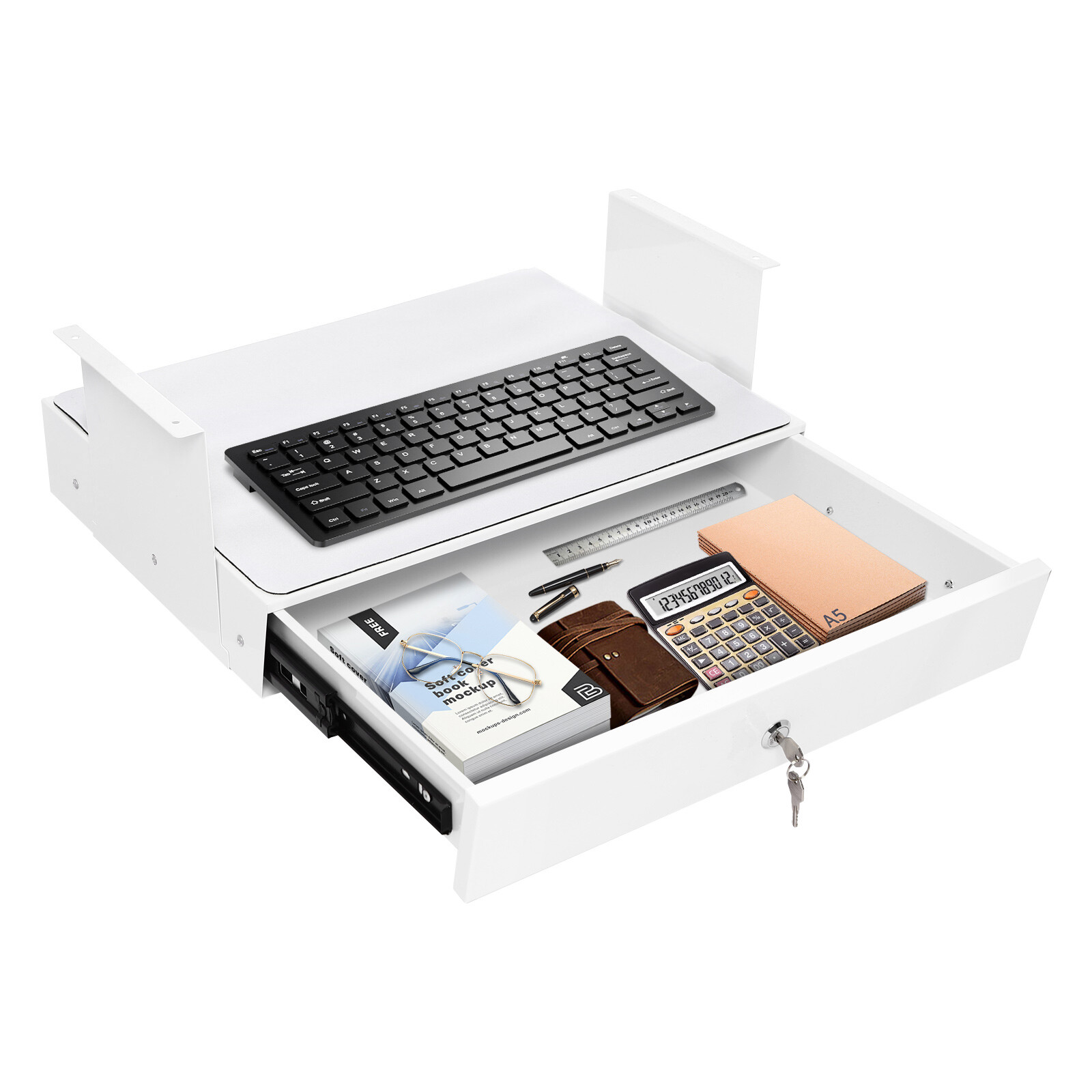 Under Desk Pull-out Drawer Storage Tray with Lock for Desk Organization Office