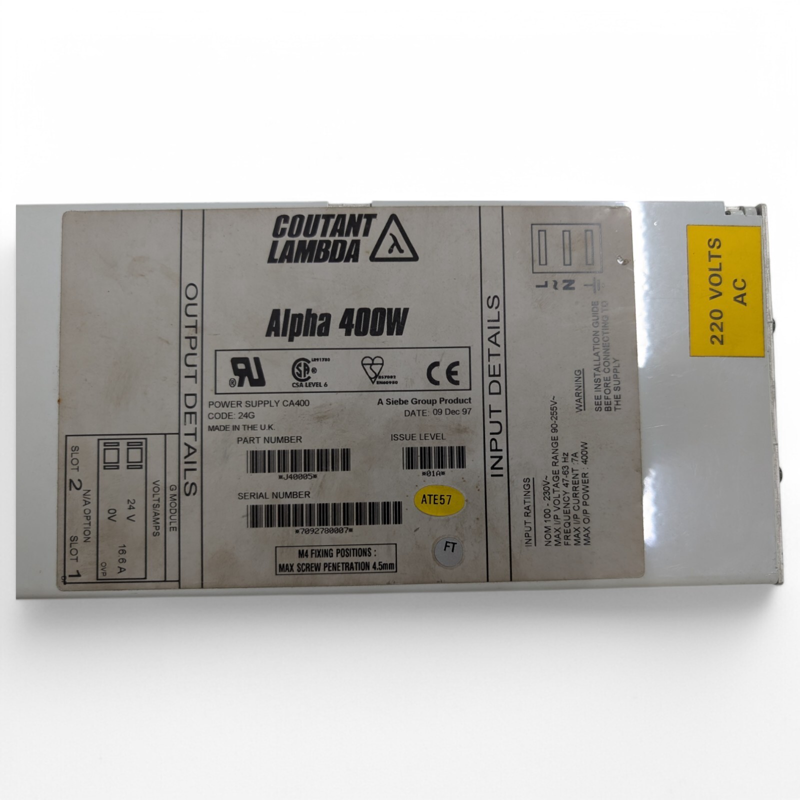 COUTANT LAMBDA ALPHA 400W POWER SUPPLY CA400 P/N: J40005 S/N: 7092780007