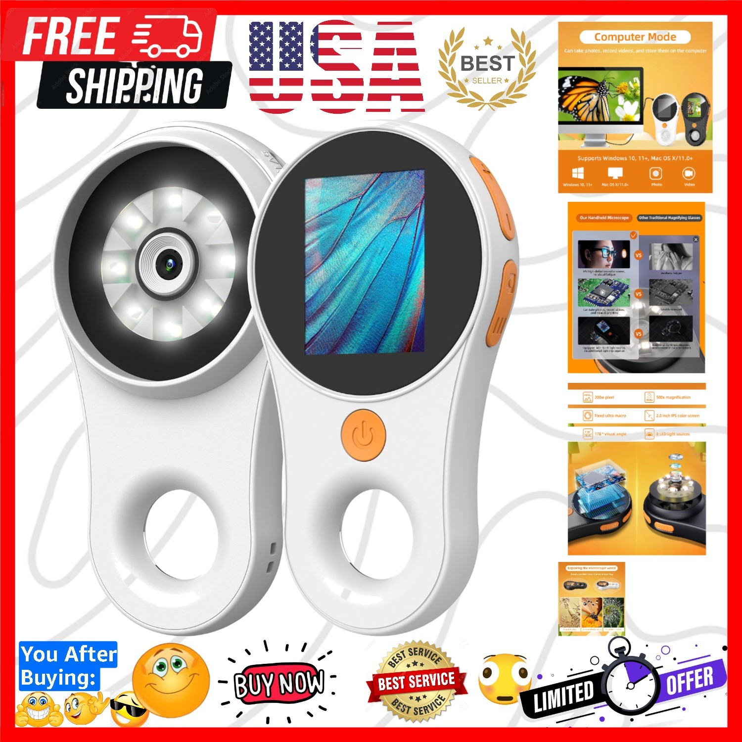 Digital Microscope Handheld 2.0 inch IPS Color Screen,Portable Digital Magnif…