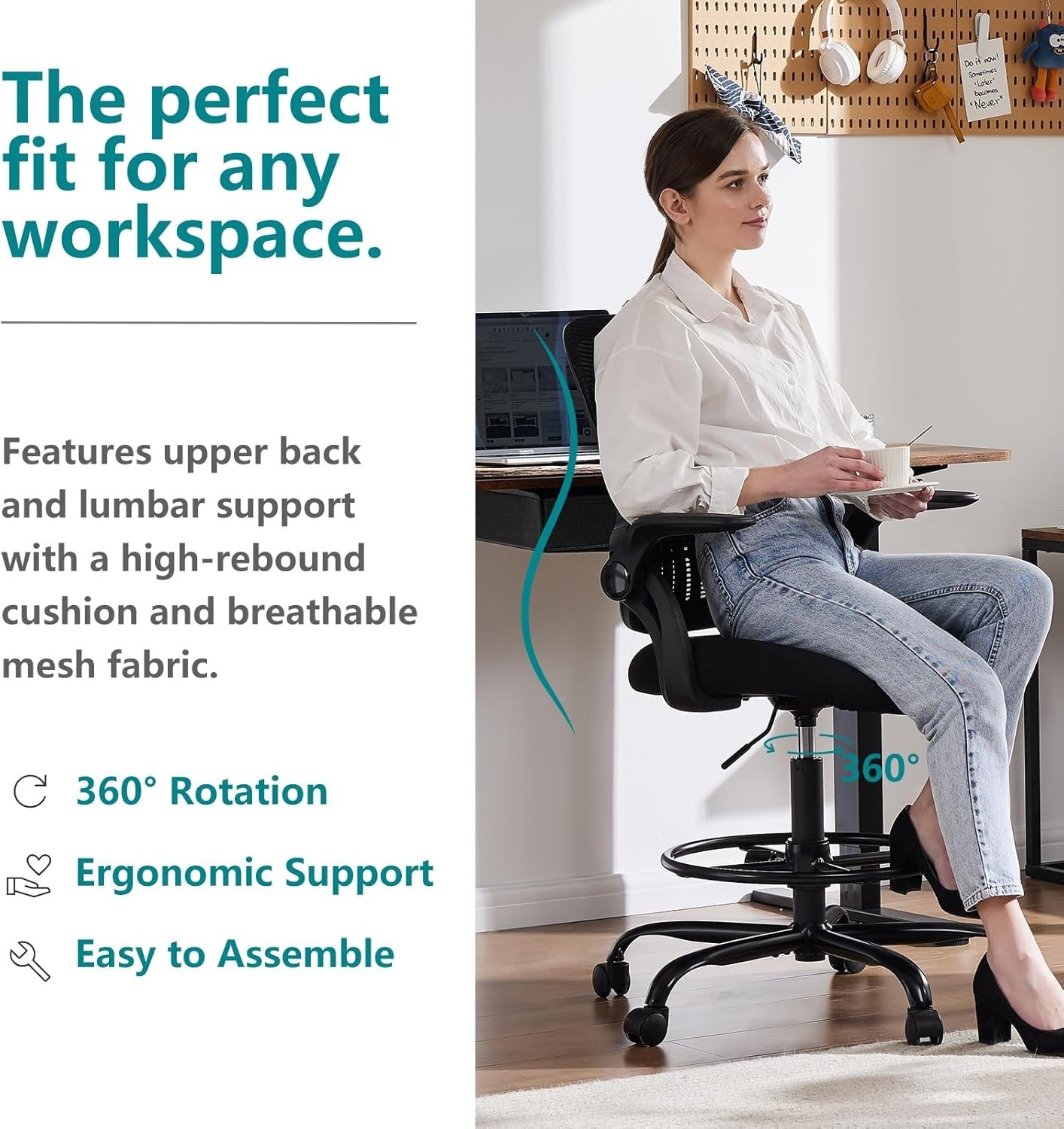 Drafting Chair for Standing Desk, , Flip-up Arms, Ergonomic Mid Back Mesh Rol…