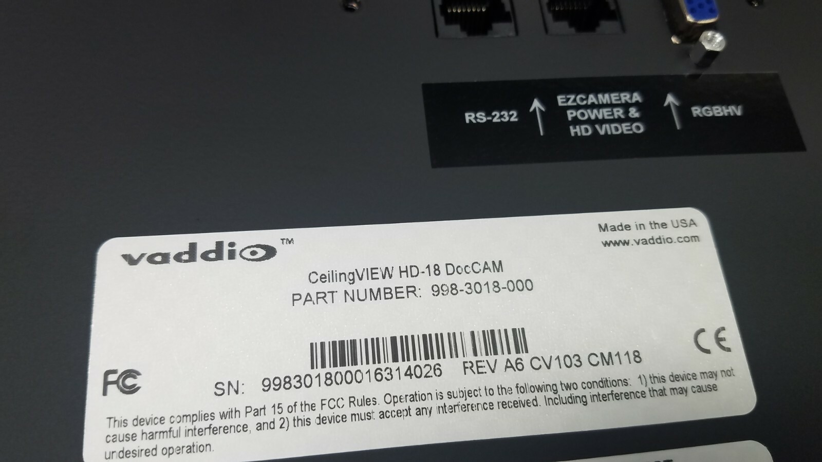 Vaddio CeilingVIEW HD-18 DocCAM with Quick-Connect Short Range (SR) 999-3018-000