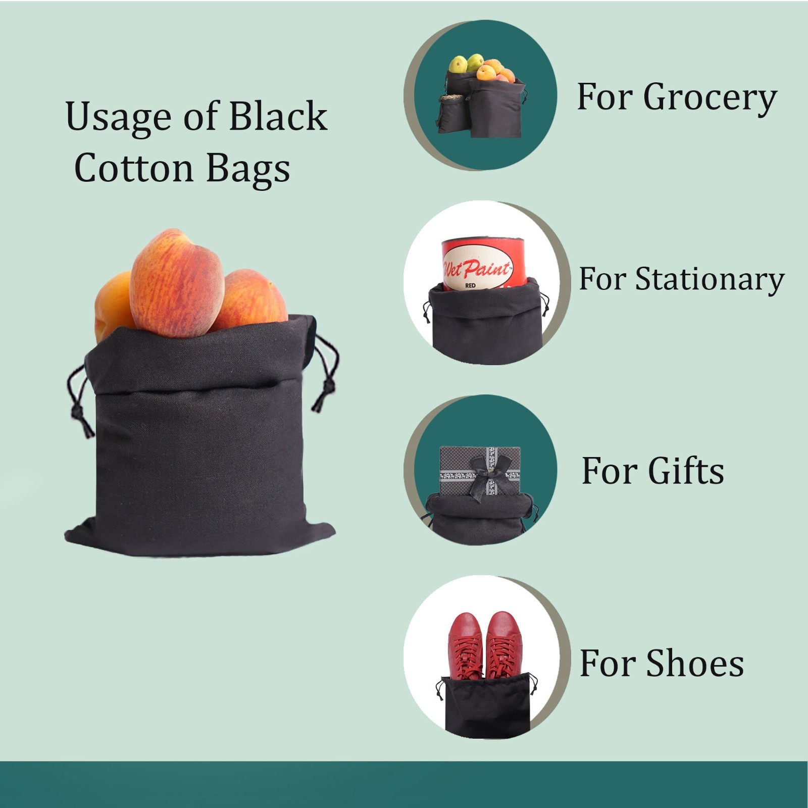 Cotton Single Drawstring Reusable Storage Black Cotton Muslin Gift Bags