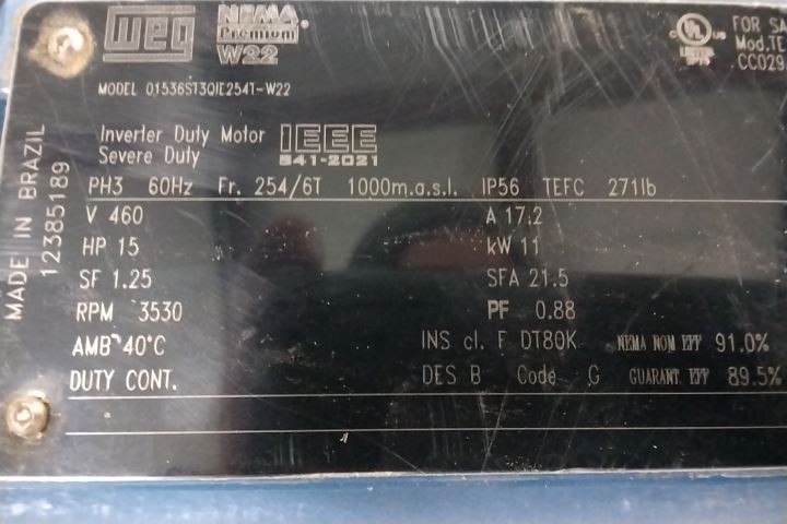 Weg 01536ST3QIE254T-W22 15 HP 3530 RPM 460VAC 3-Phase IEEE 841 Motor
