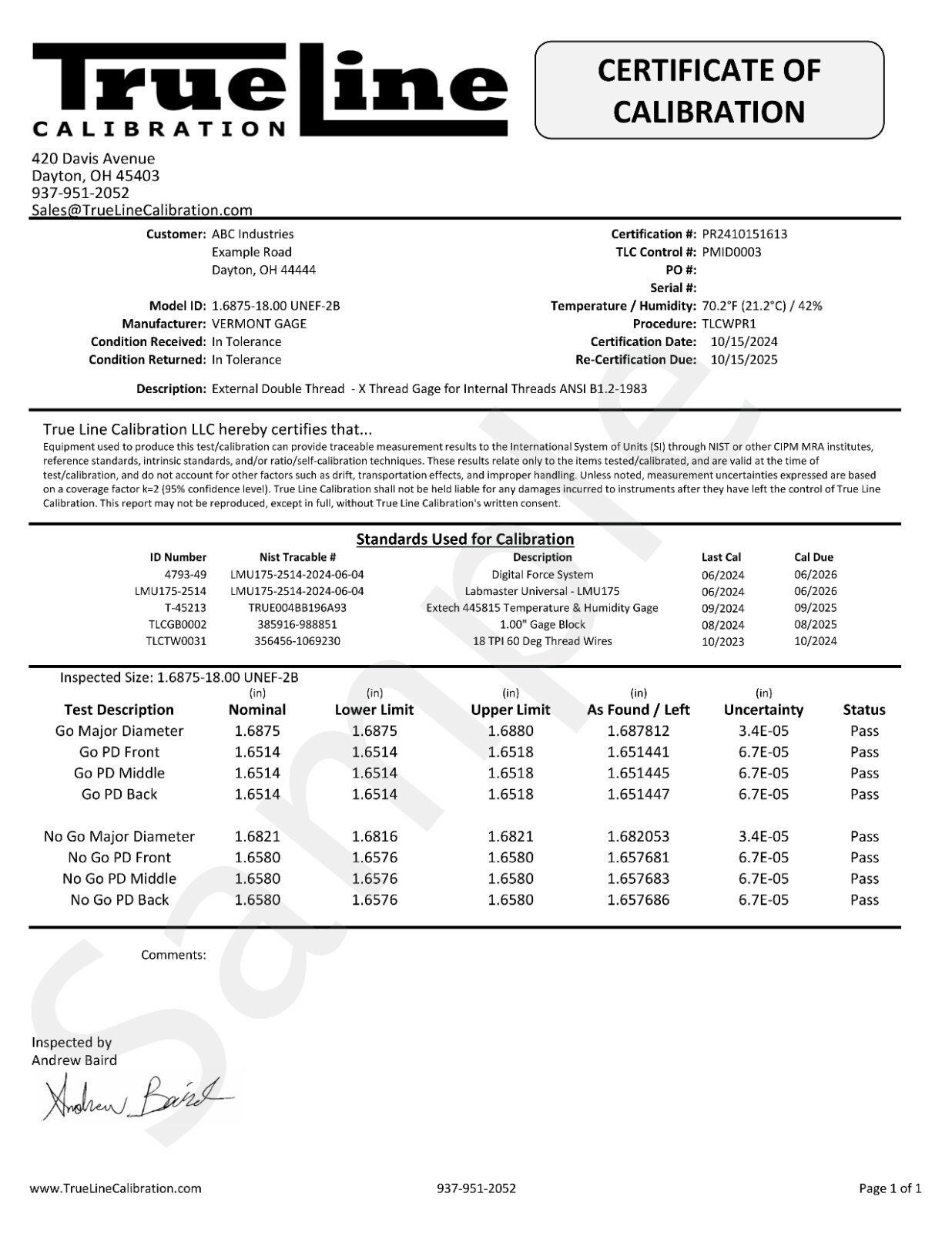Long Form Calibration Certs For Thread Gage (Purchased w/ M & J Tooling Gage)