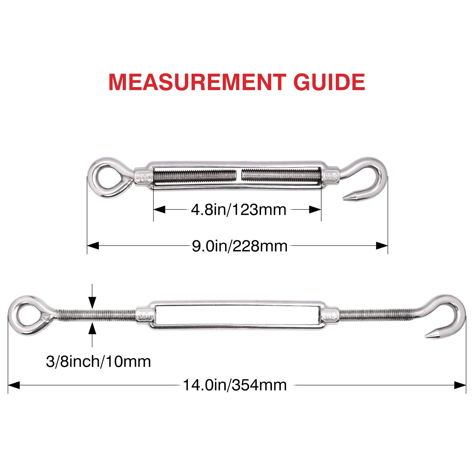 3/8 Inch Turnbuckle Hook Eye M10 Turnbuckles For Wire Rope Tension 304 Stainle