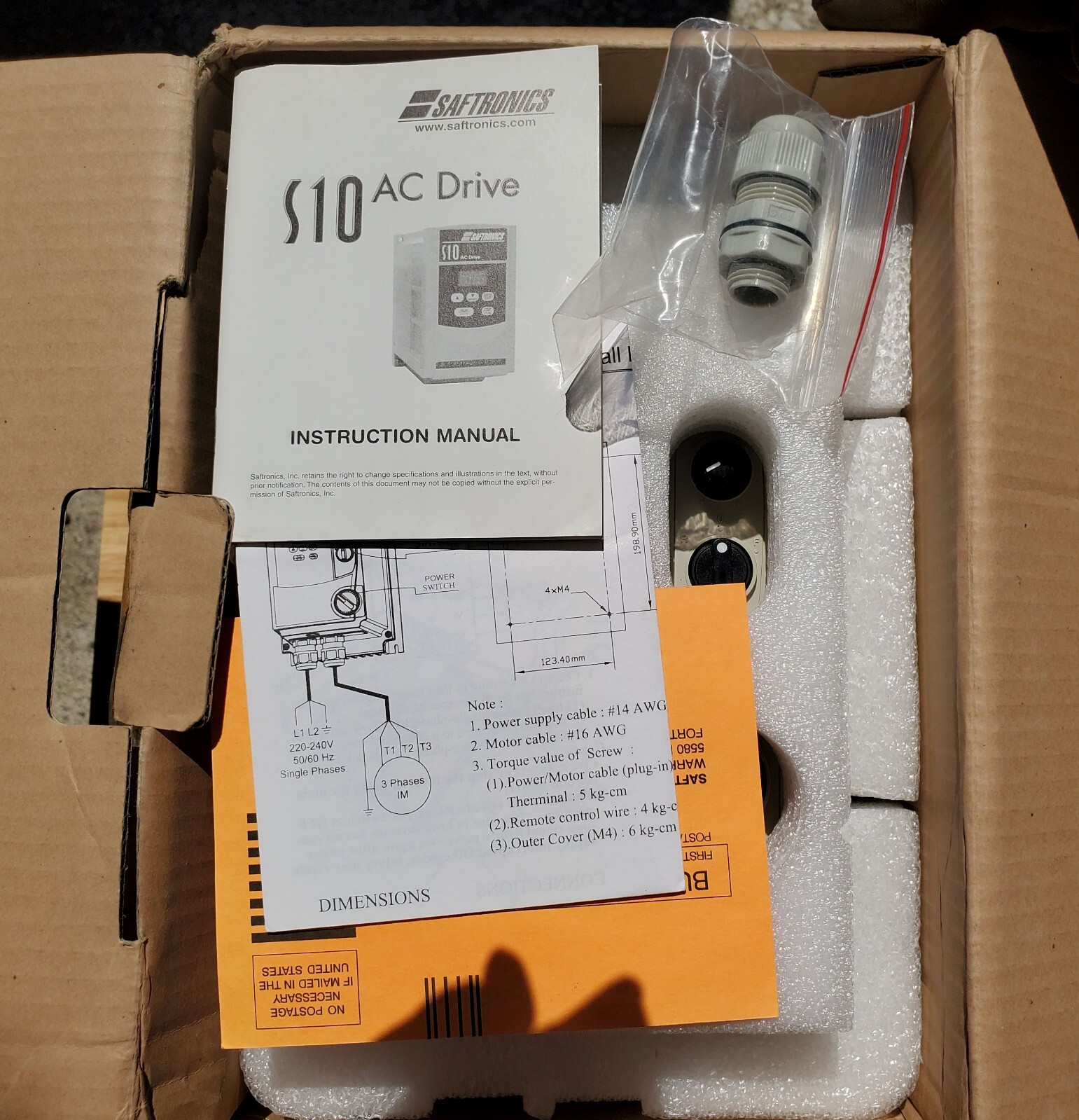 One(1) Saftronics S102F50-41FS S10 AC Drive – 240 VAC 0.5 HP 2.3 Amps