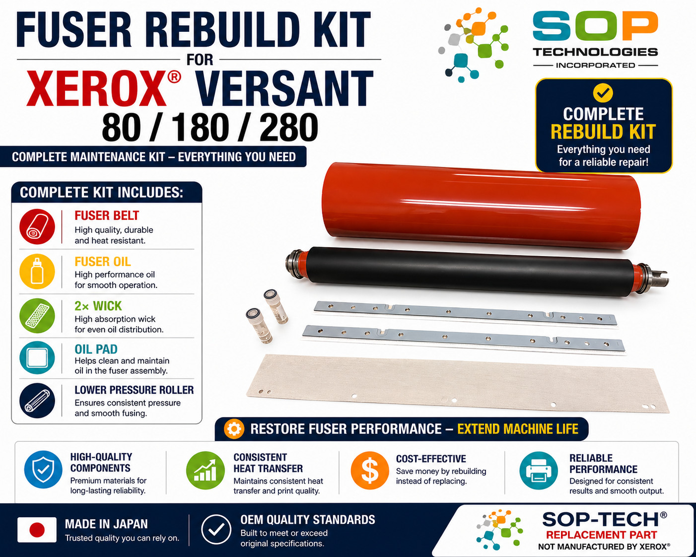 Replacement Fuser Kit For Xerox Versant 80 180 280 .5mm Belt + Oil, Wick