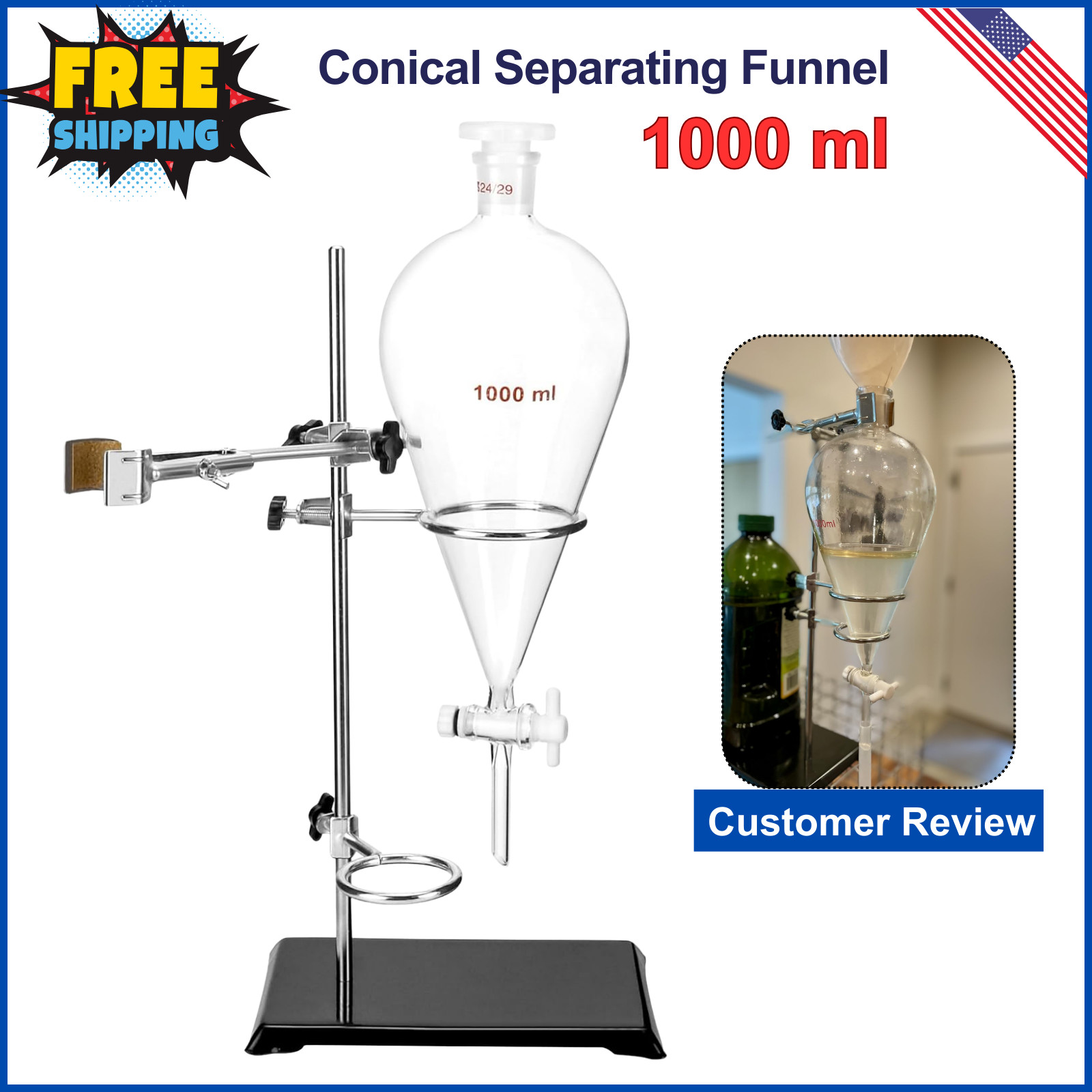 1000ml Heavy Wall Conical Separating Funnel with 24/29 Fitting and PTFE Stopcock