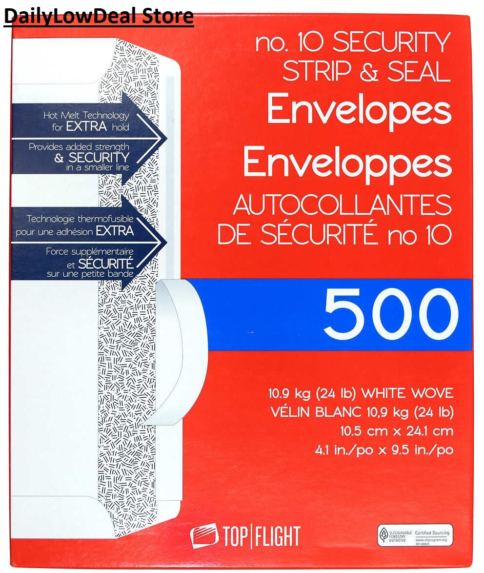 Top Flight #10 Security Strip & Seal Envelopes, 24lb, 4 1/8″x9 1/2″ 500 Count