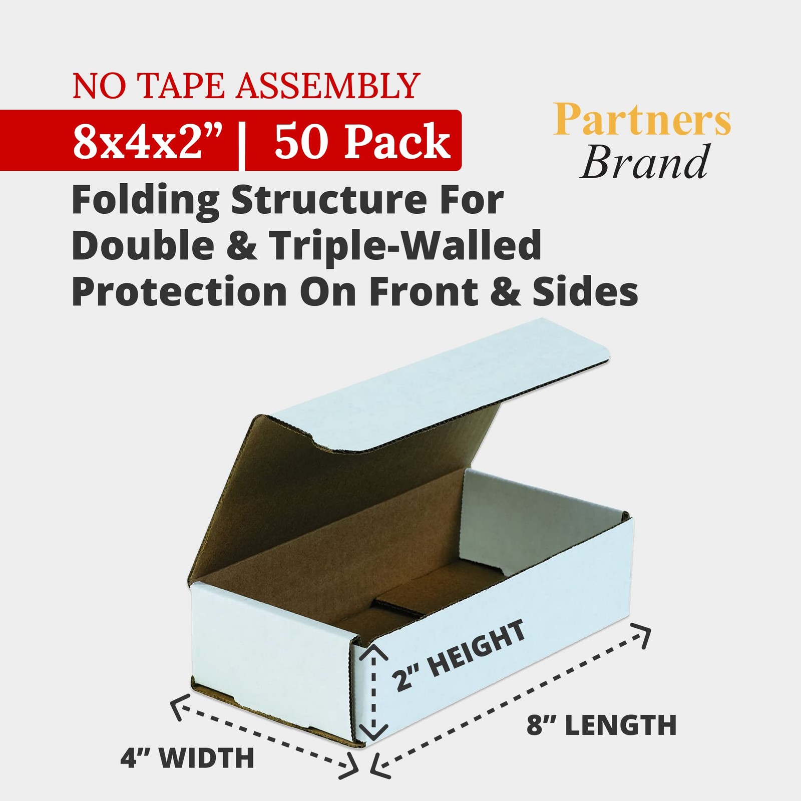 Partners Brand 8x4x2 Corrugated Cardboard Boxes, 8L x 4W x 2H, Pack of 50 | Ship