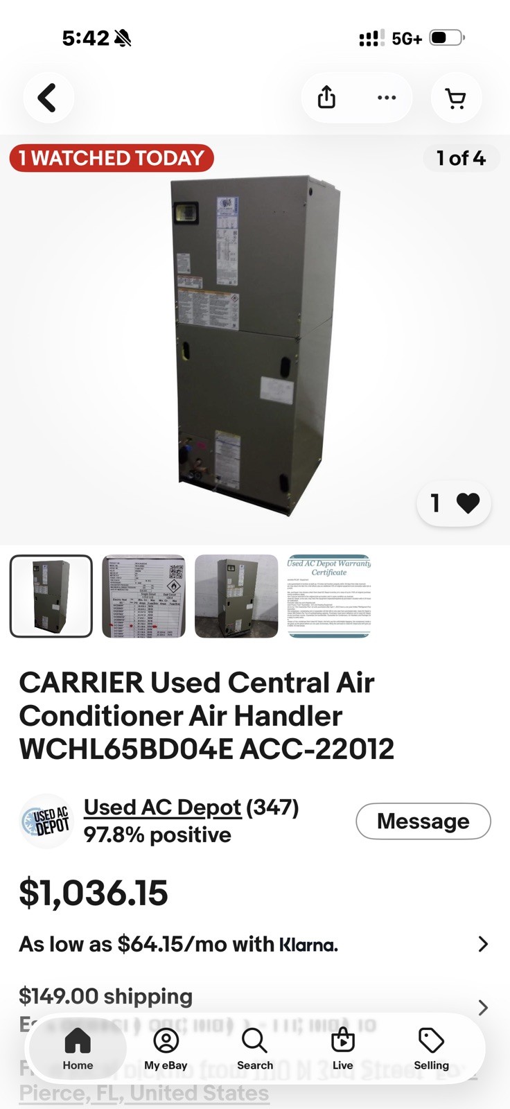 CARRIER Used Central Air Conditioner Air Handler FB4CNF048L00ADAA ACC-21068