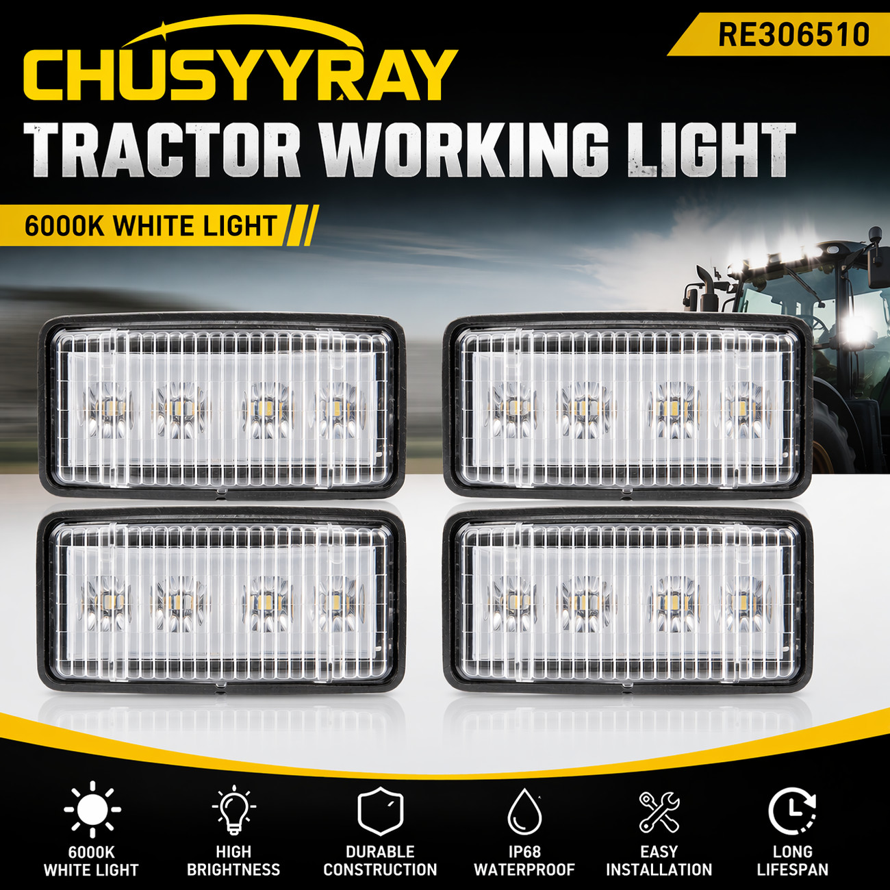 4X LED Upper Cab Light Lamp RE340681 RE306510 For Deere 7210 7510 7710 7810