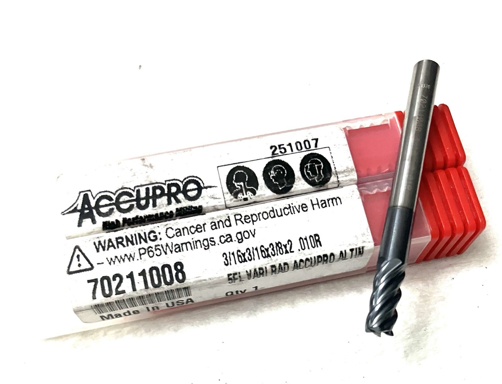 5PC Accupro 70211008 3/16″ 5FL Corner Radius End Mill .01R Solid Carbide AlTiN