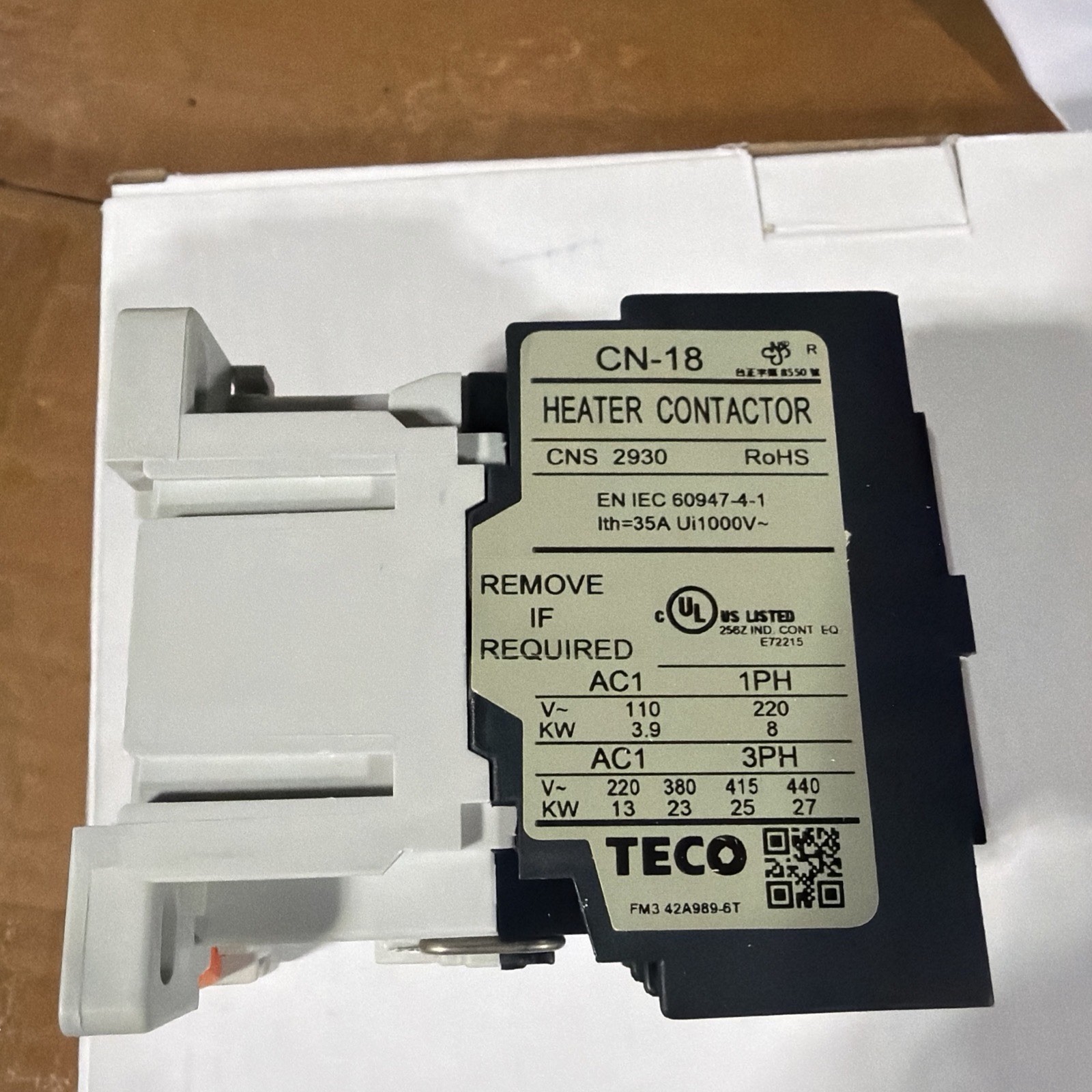 TECO CN-18 IEC Contactor 120V 60Hz 4A 3-Pole DIN Rail Mount AC RoHS