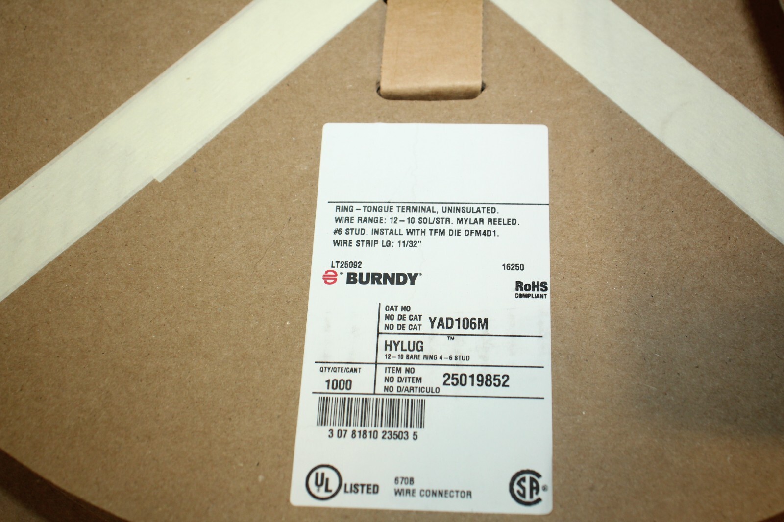 Box of 1000 Burndy Tongue Terminal Ring YAD106M Hylug 25019852