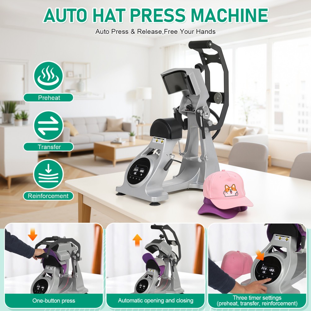 Dual Heater Hat Heat Press Semi-Auto Open Printing Cap Machine w/Laser Alignment