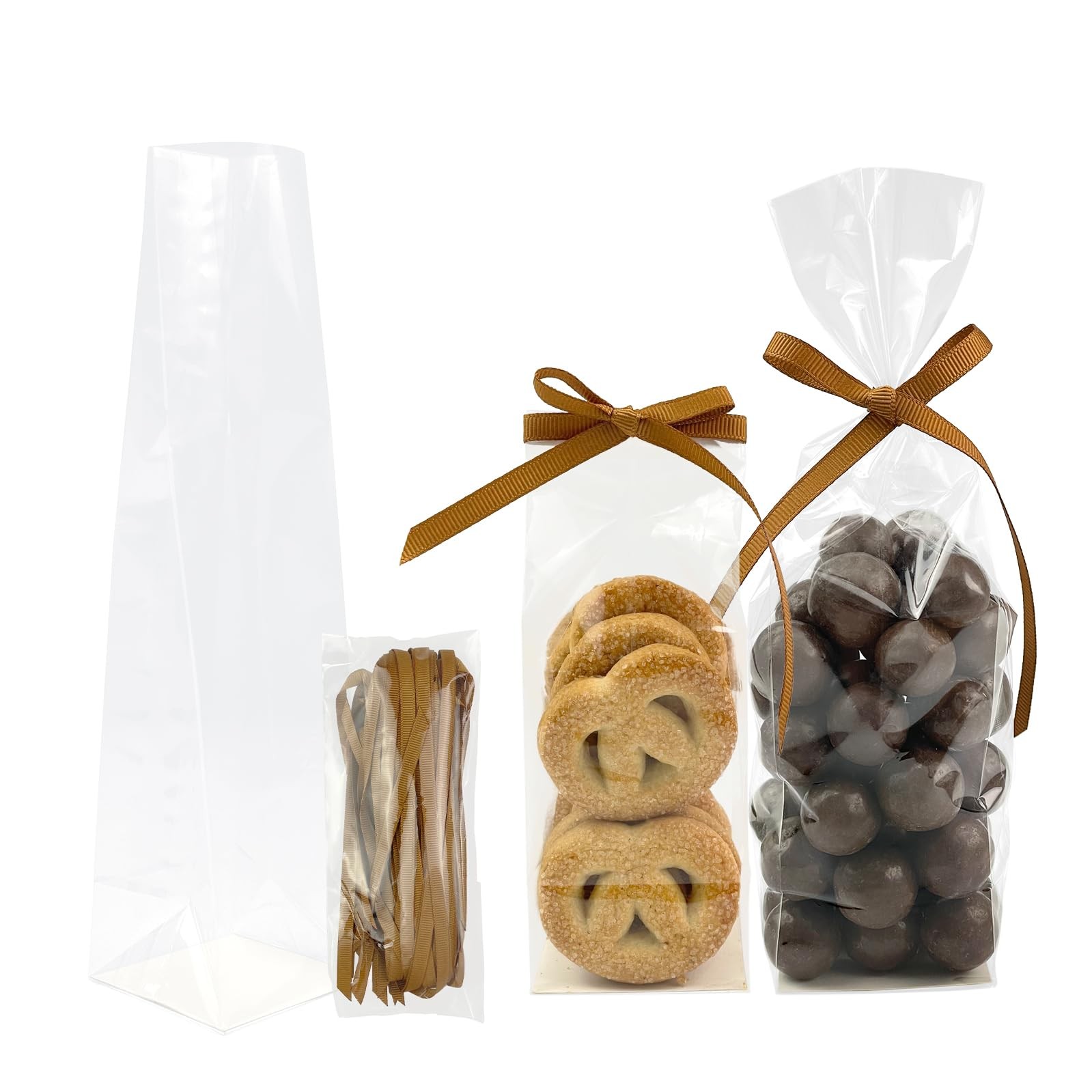 50 Pcs 2x2x8 Inch Gusseted Flat Bottom Small Cellophane Bags with Ribbon and …