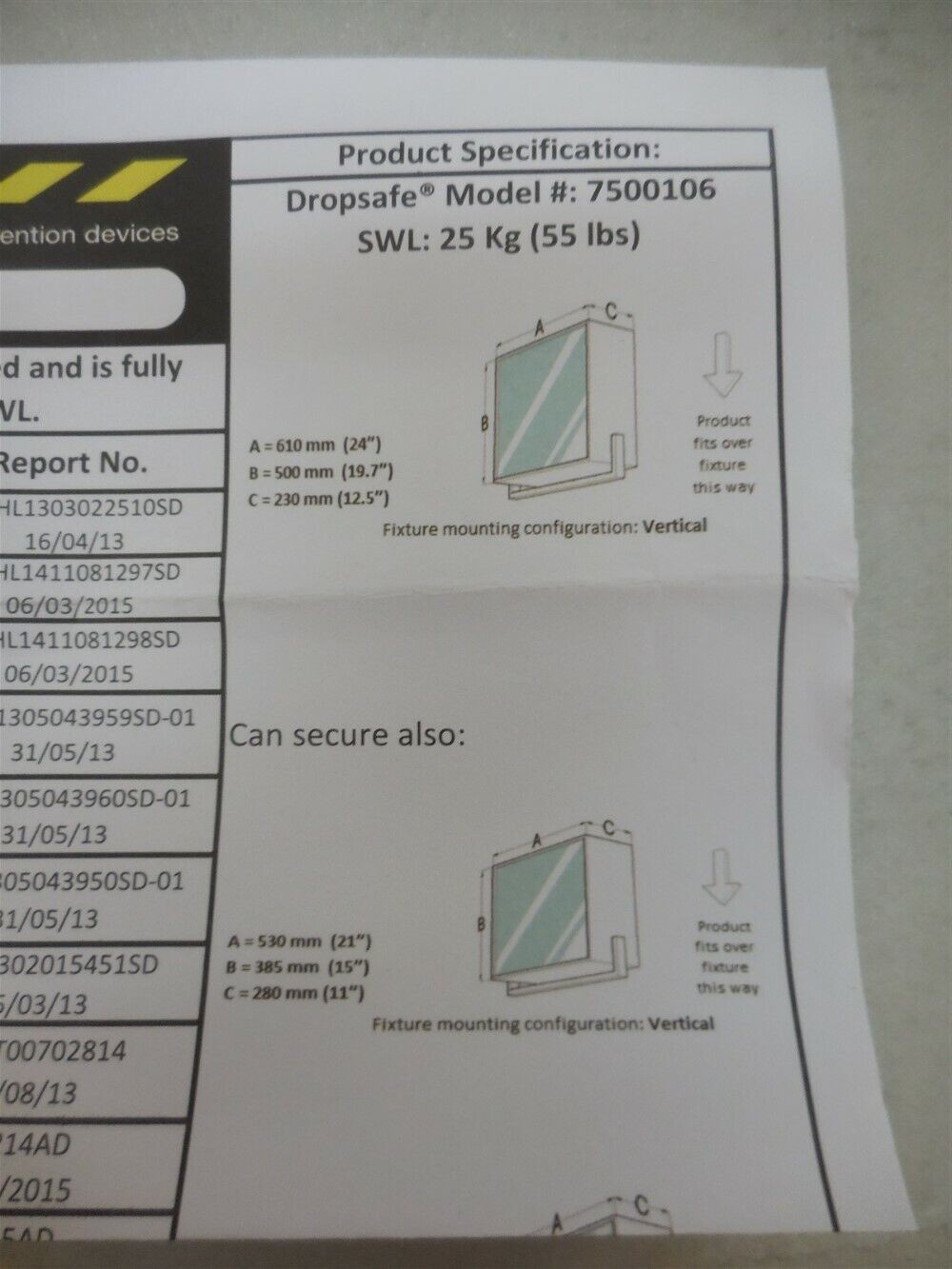 Dropsafe Net Model: 7500106 25KG (55LBS) for Overhead Fixtures