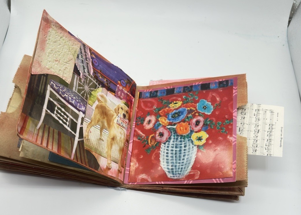 Hand Made Junk Journal Doggy And Yellow Flower. Medium Is Brown Paper Bags