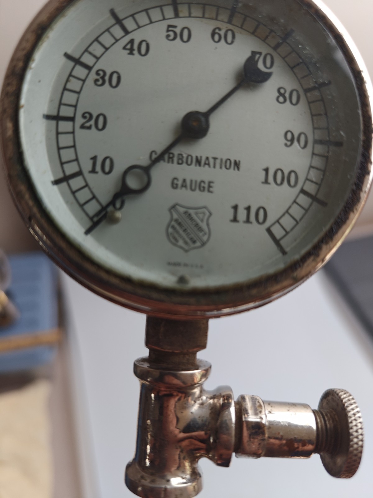 Ashcroft Carbonation Gauge 3″ Range: 0-110# Test Valve. Bridgeport Conn. U.S.A