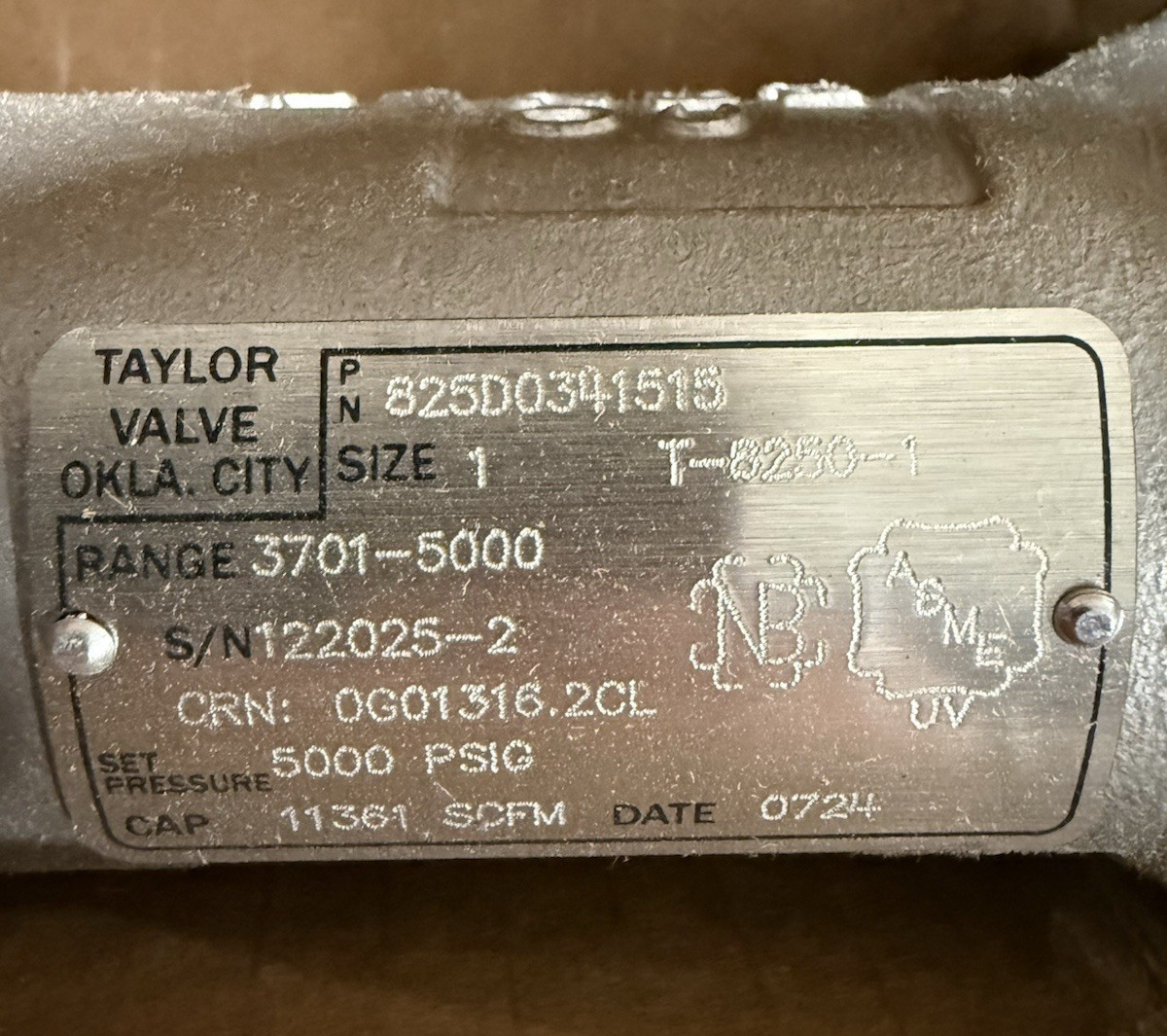 Taylor Valve 825D0341515 SS 5000 psig 8250 Gas Relief Valve 1″ (OEM) *NEW*