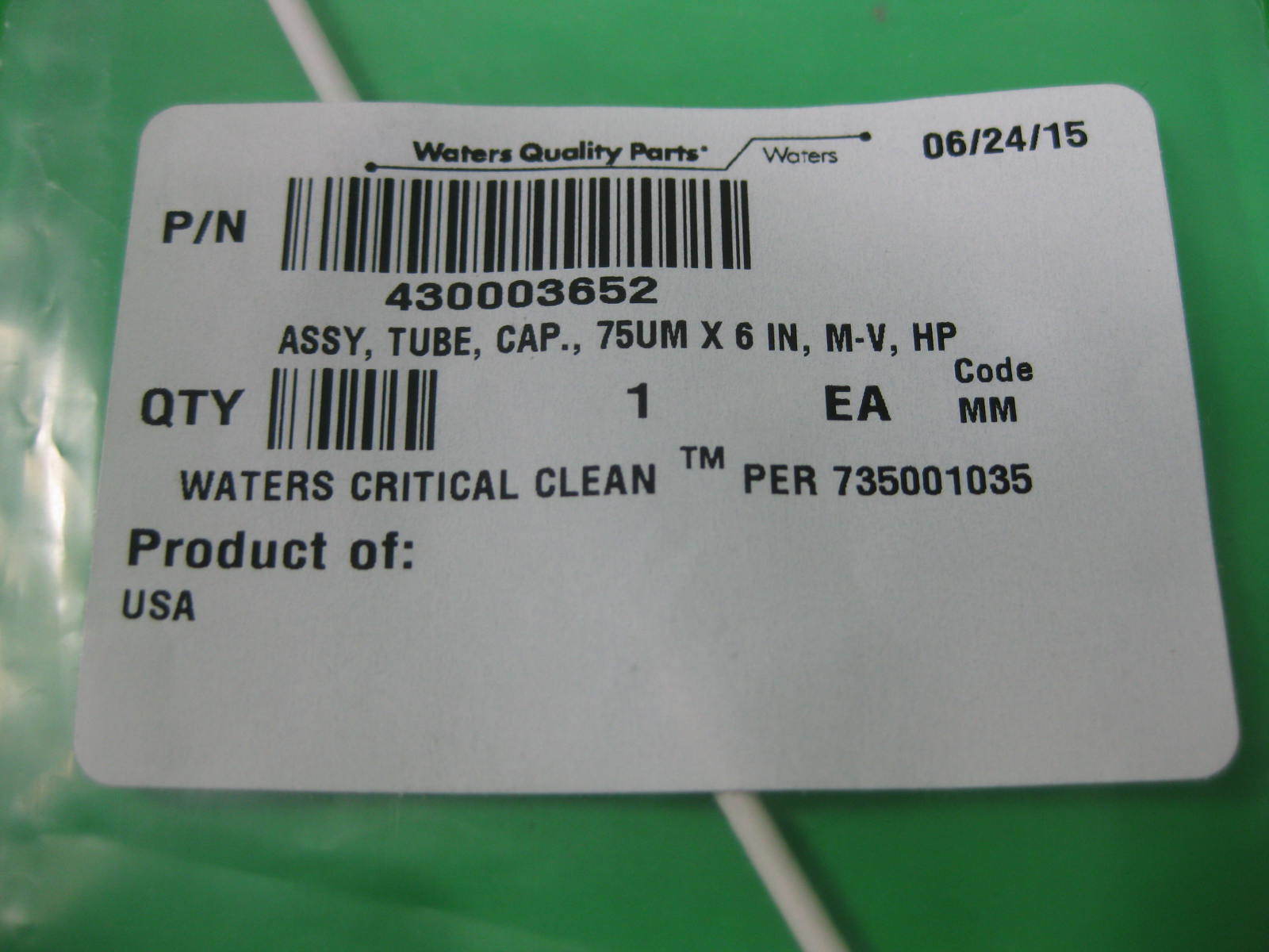 Waters Assy Tube Cap 75um x 6″ M-V, HP — 430003652 — New
