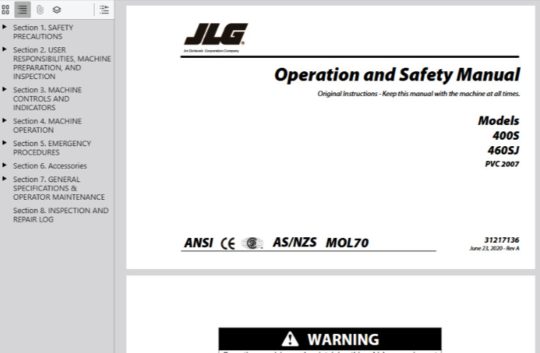 JLG 400S 460SJ Boom Lifts Service Repair Operators Manual Parts Catalog PDF USB