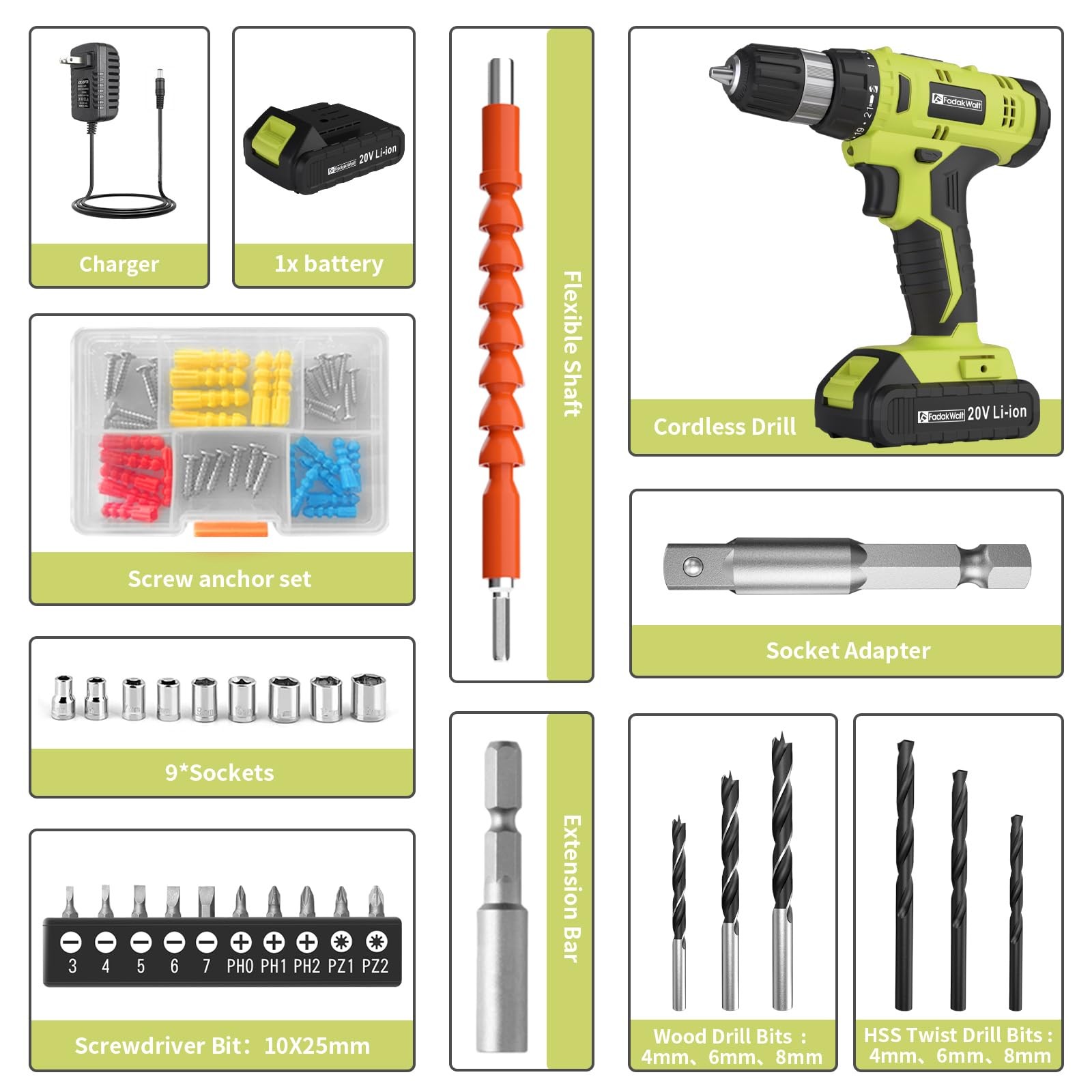 FADAKWALT Cordless Drill Set, 20V Electric Power Drill with Battery And Charger,