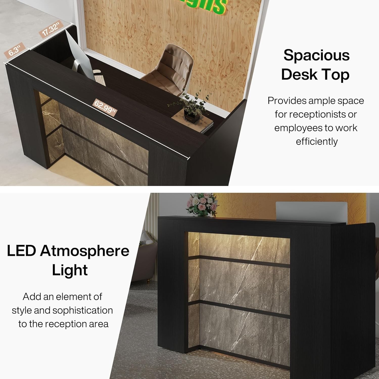 Reception Desk with LED Lights, 63-Inch Front Counter Desk for Checkout, Lobby