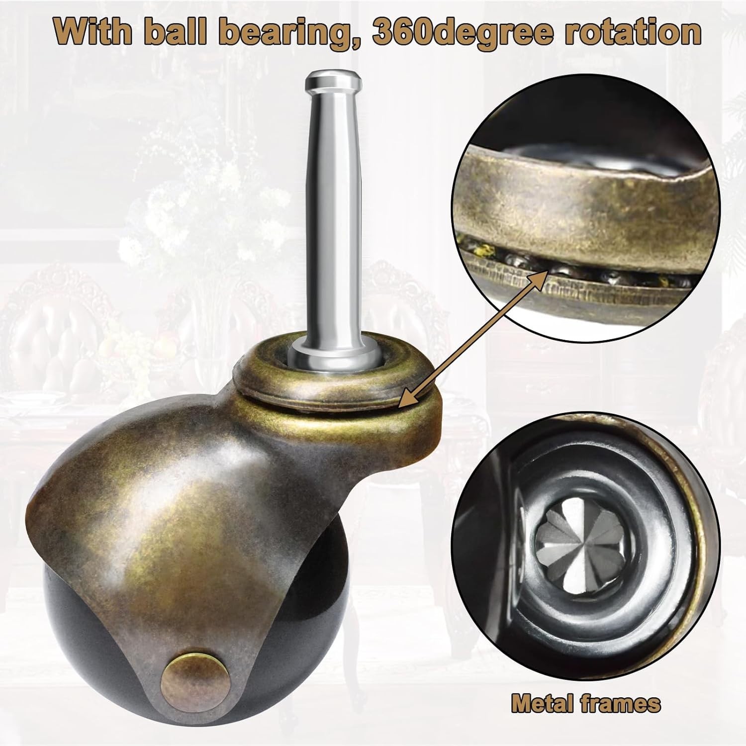 2 Inch Ball Casters Wheels Brass Vintage Antique Furniture Caster Set of 4