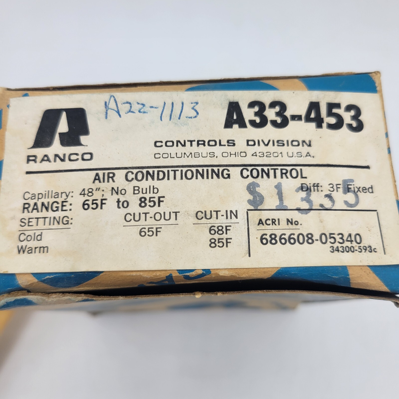 Ranco A33-453 Air Conditioning Control, 686608-05340, 34300-593c