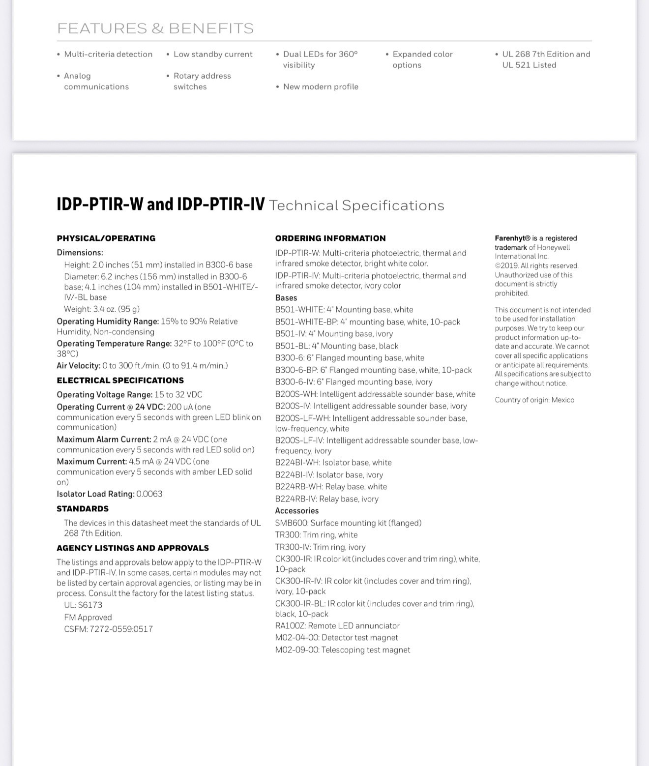 Honeywell Farenhyt IDP-PTIR-W Multi Criteria Detector