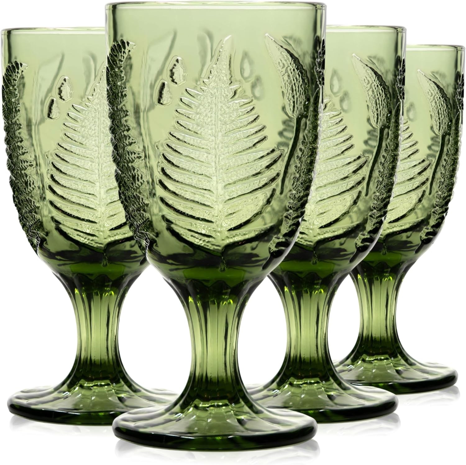 Vintage Green Stemmed Goblets Set of 4, Fern Embossed Textured Glass Wine