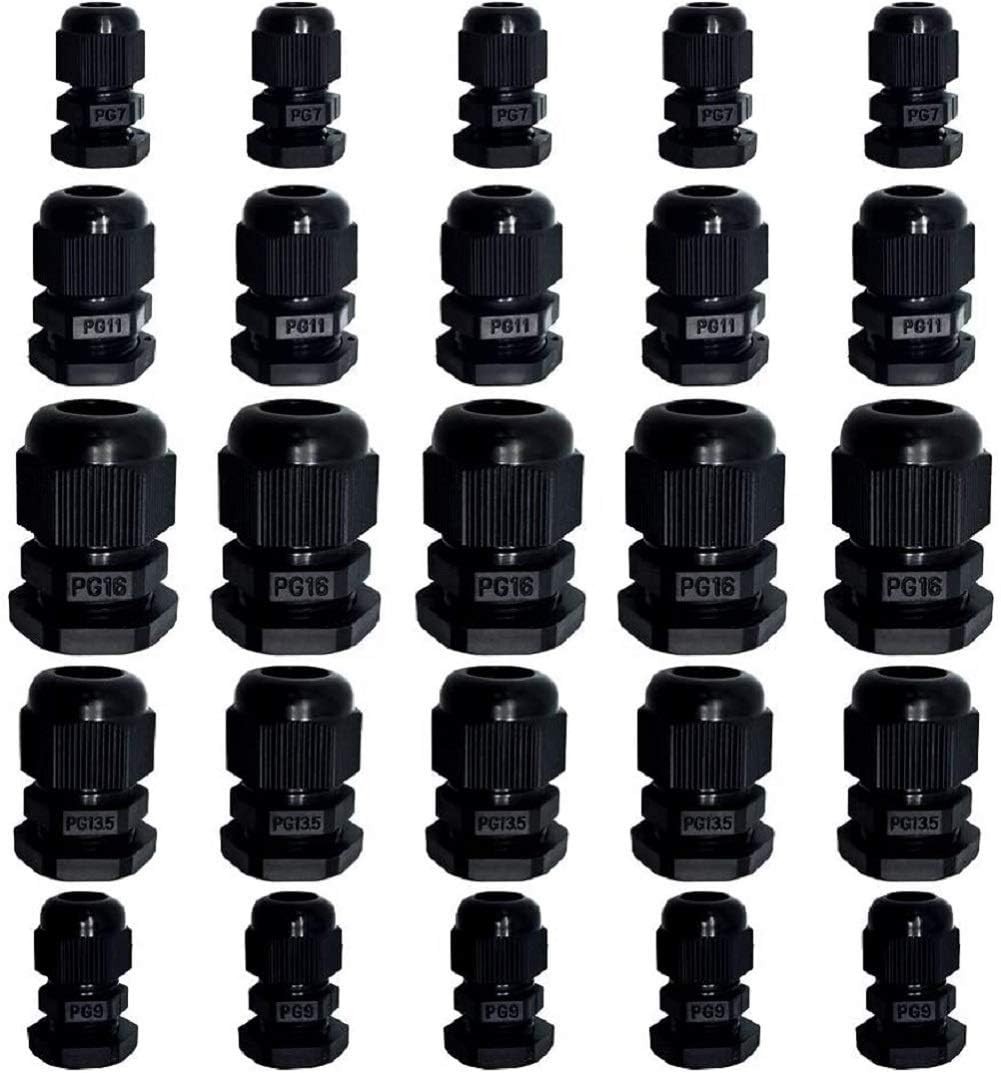 25 Pack Plastic Waterproof 3.5-13mm Nylon Cable Glands Joints PG 7 to PG16 Black