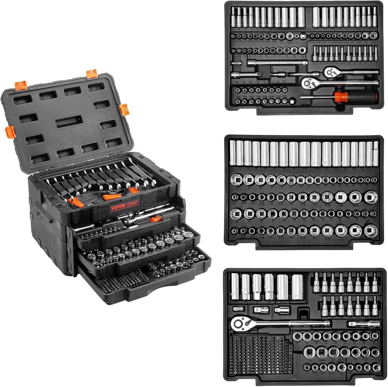 VEVOR Mechanics Tool Set and Socket Set, 1/4″ 3/8″ 1/2″ Drive, 450 PCS | SAE and