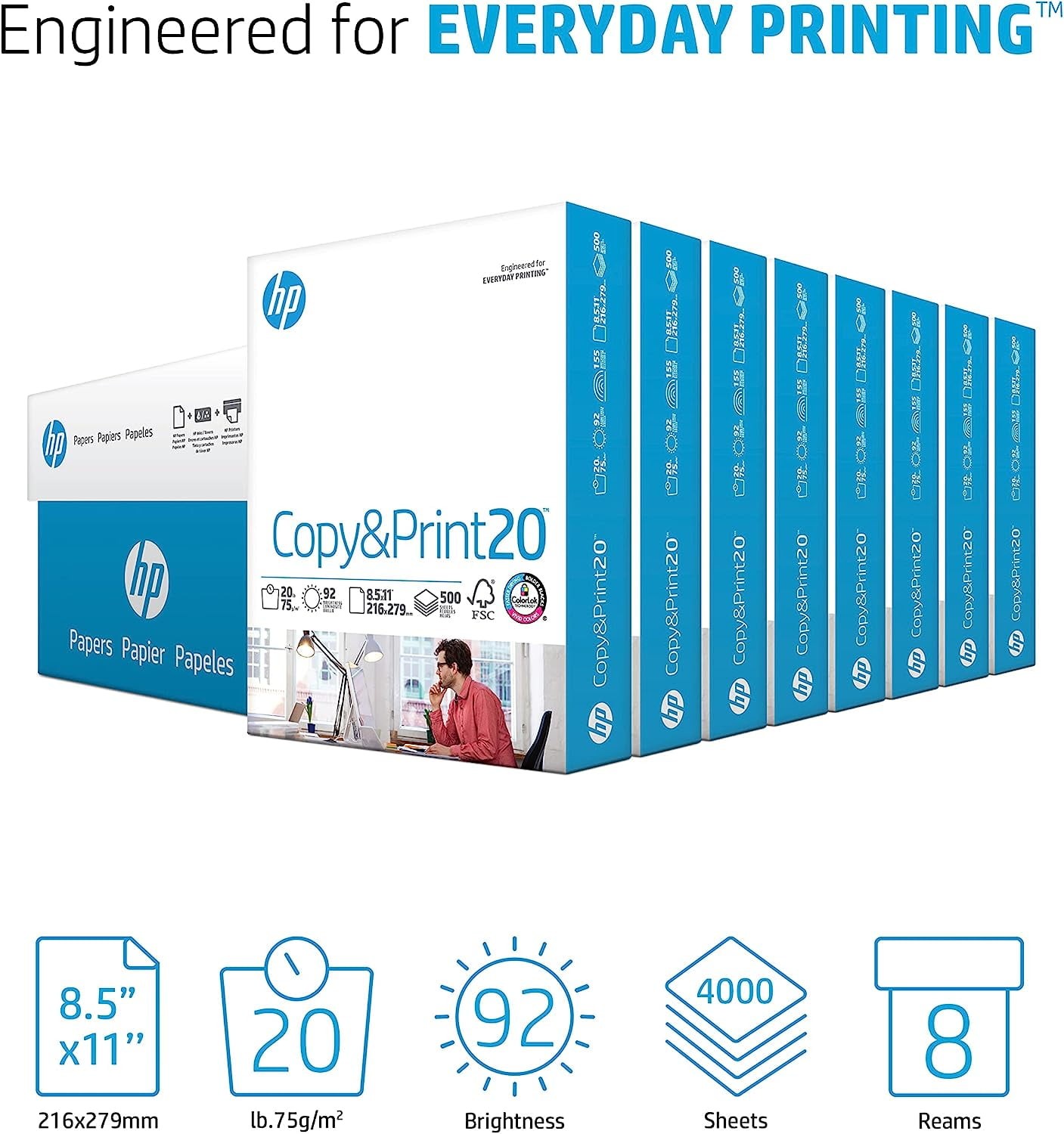 HP Printer Paper, Home & Office 20lb, 8.5×11, 8 Ream, 4,000 Sheets