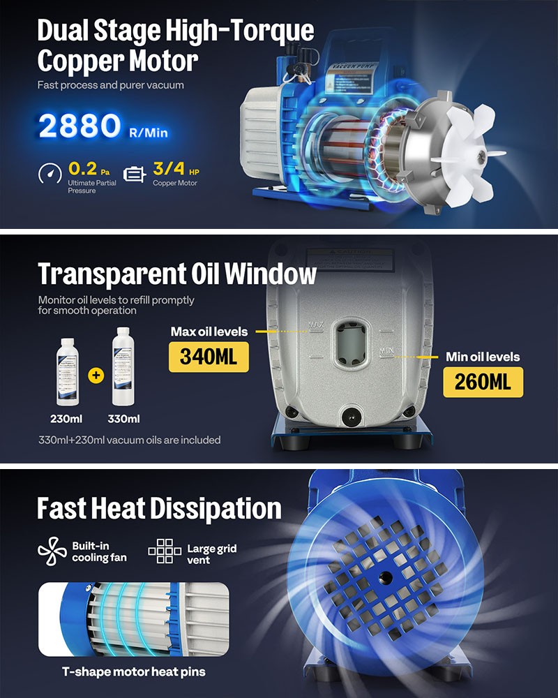7.2 CFM Vacuum Pump Air Conditioning Pump 2 Stage Rotary Vane HVAC 2 Oil Bottle