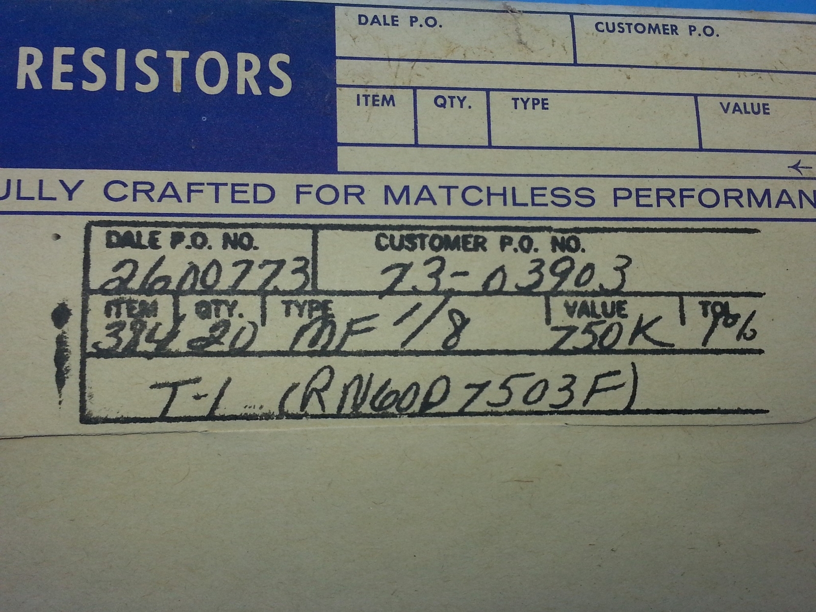 Dale 750kΩ Ohm RN65D7503F CMF Metal Film Resistor 1% MIL SPEC .5W Qty (10) NOS