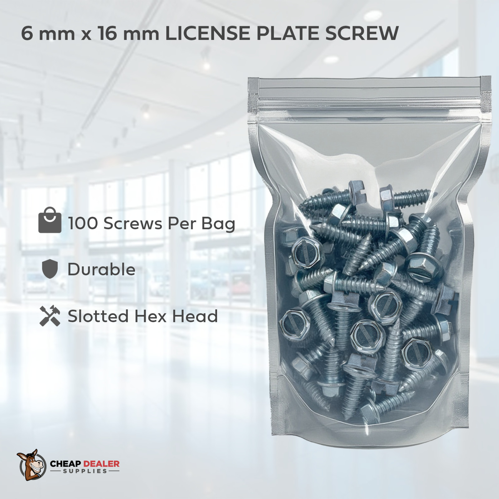License Plate Screws – Slotted Hex Head – Metric – 6mm x 16mm (100 per box)