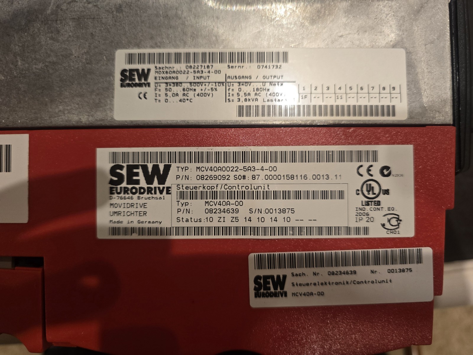 SEW EURODRIVE MCV40A0022-5A3-4-00, AC INVERTER, 380/500 VAC LOT Of 2
